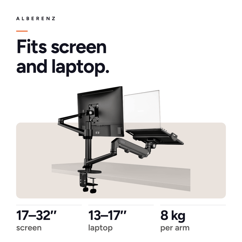 Bras pour moniteur d'ordinateur portable Alberenz® avec ressort à gaz noir