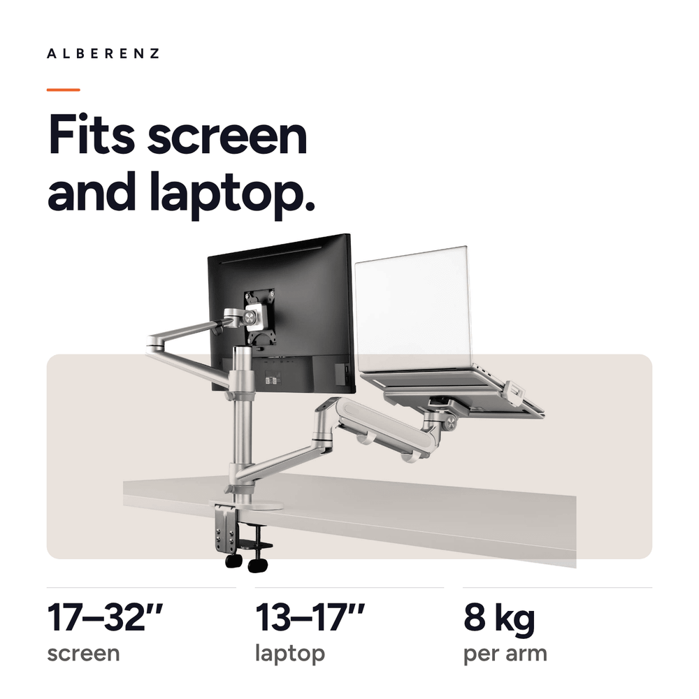 Alberenz® laptop monitorarm met gasveer zilver