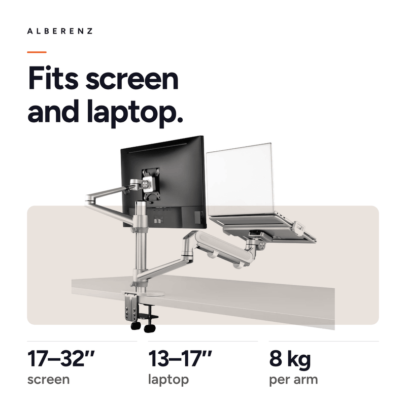 Alberenz® laptop monitorarm met gasveer zilver