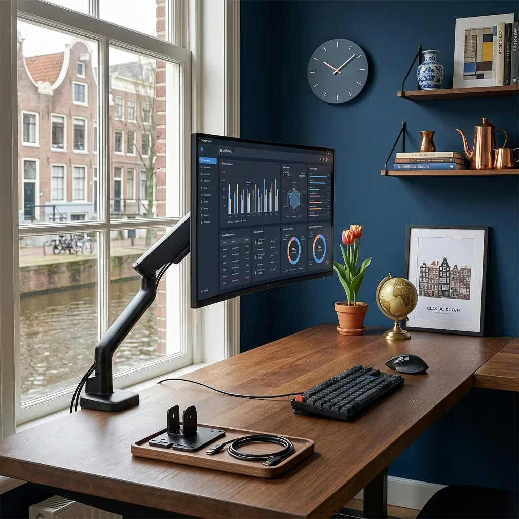 Bras de moniteur simple Alberenz à ressort à gaz - Jusqu'à 40 pouces - avec USB - Noir