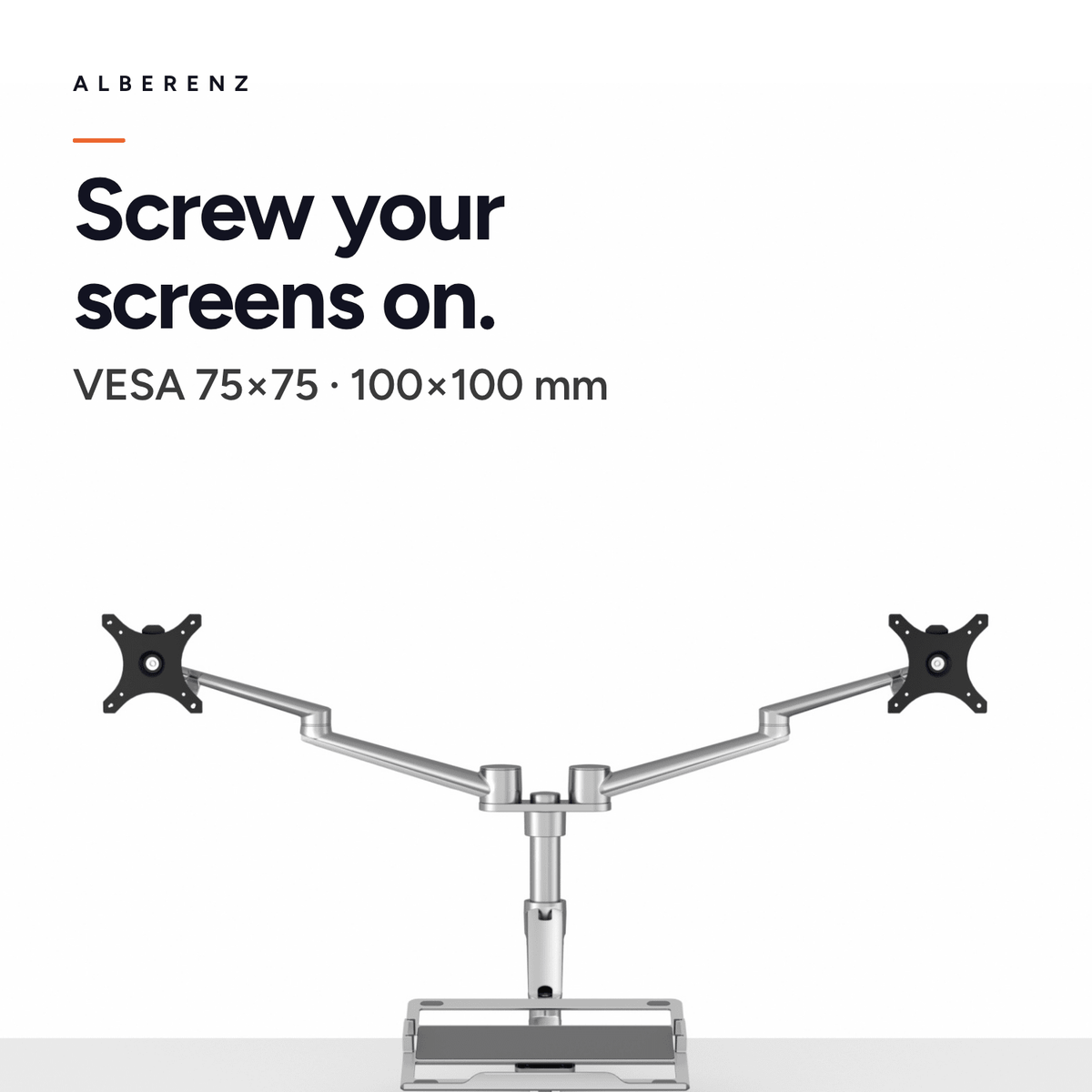 Alberenz dual monitor arm with laptop tray, silver: VESA 75x75 and 100x100 mm