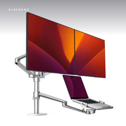 Alberenz dual monitor arm with laptop tray, silver: laptop on the laptop tray, studio shot