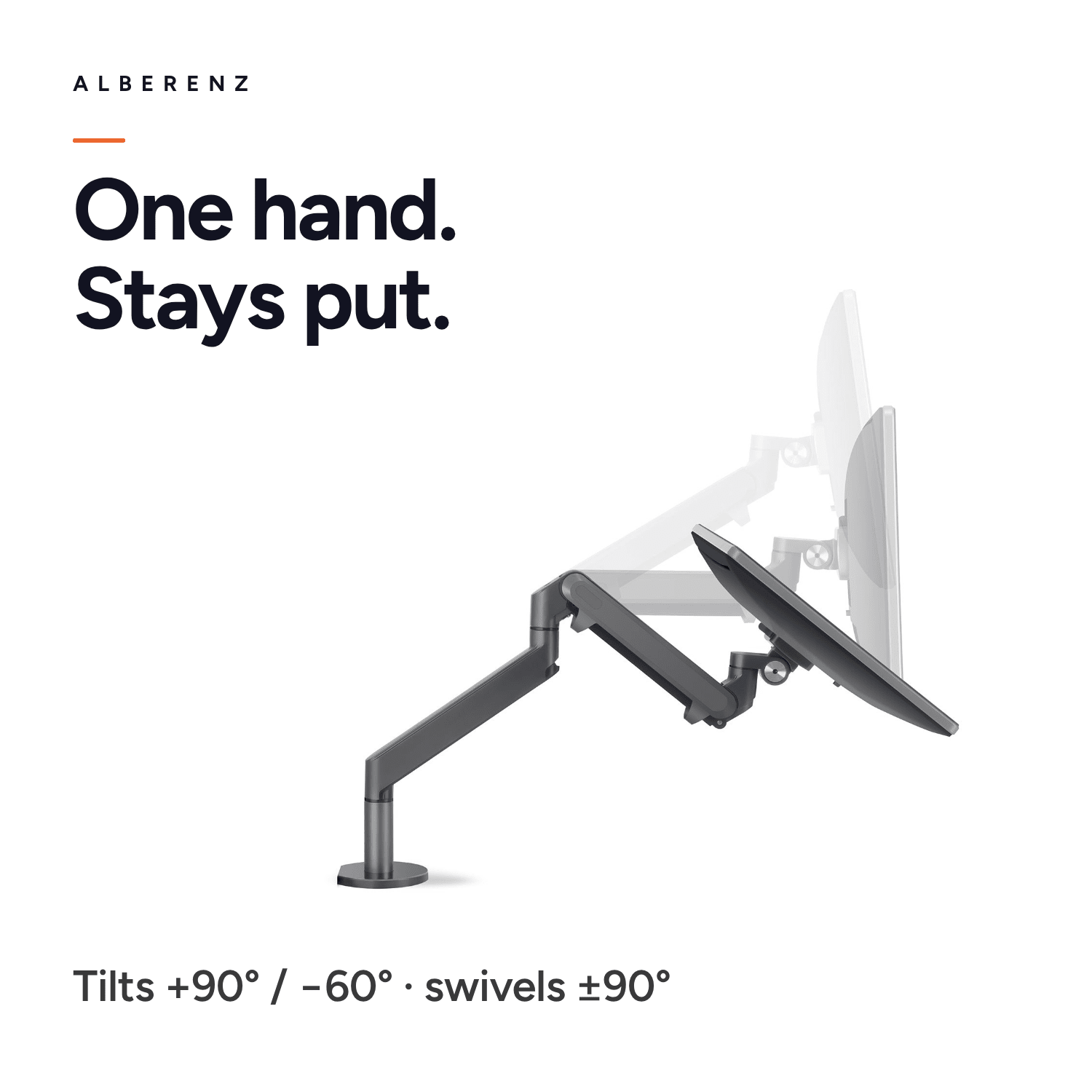 Alberenz gas spring monitor arm, dark grey: tilts +90/−60 degrees and swivels ±90 degrees with one hand