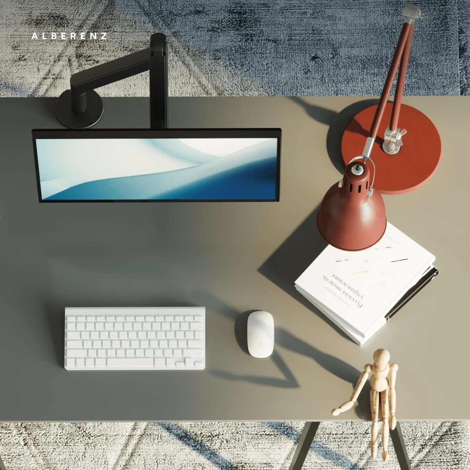 Alberenz gas spring monitor arm, dark grey: desk setup seen from above