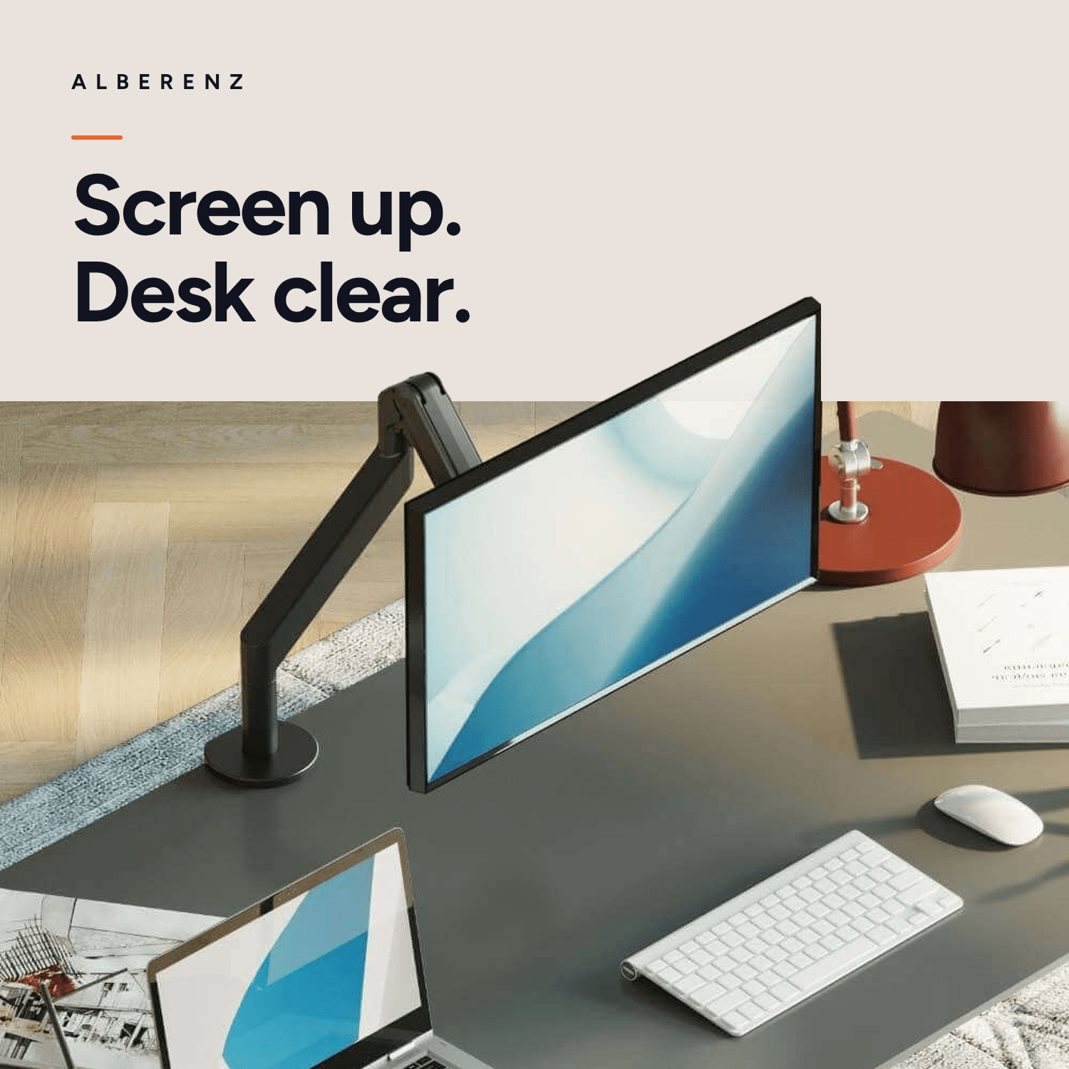 Alberenz gas spring monitor arm, dark grey: screen raised, desk clear