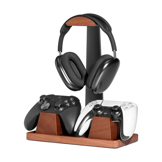 Alberenz walnut headphone stand with controller holders: front view with headset and two controllers