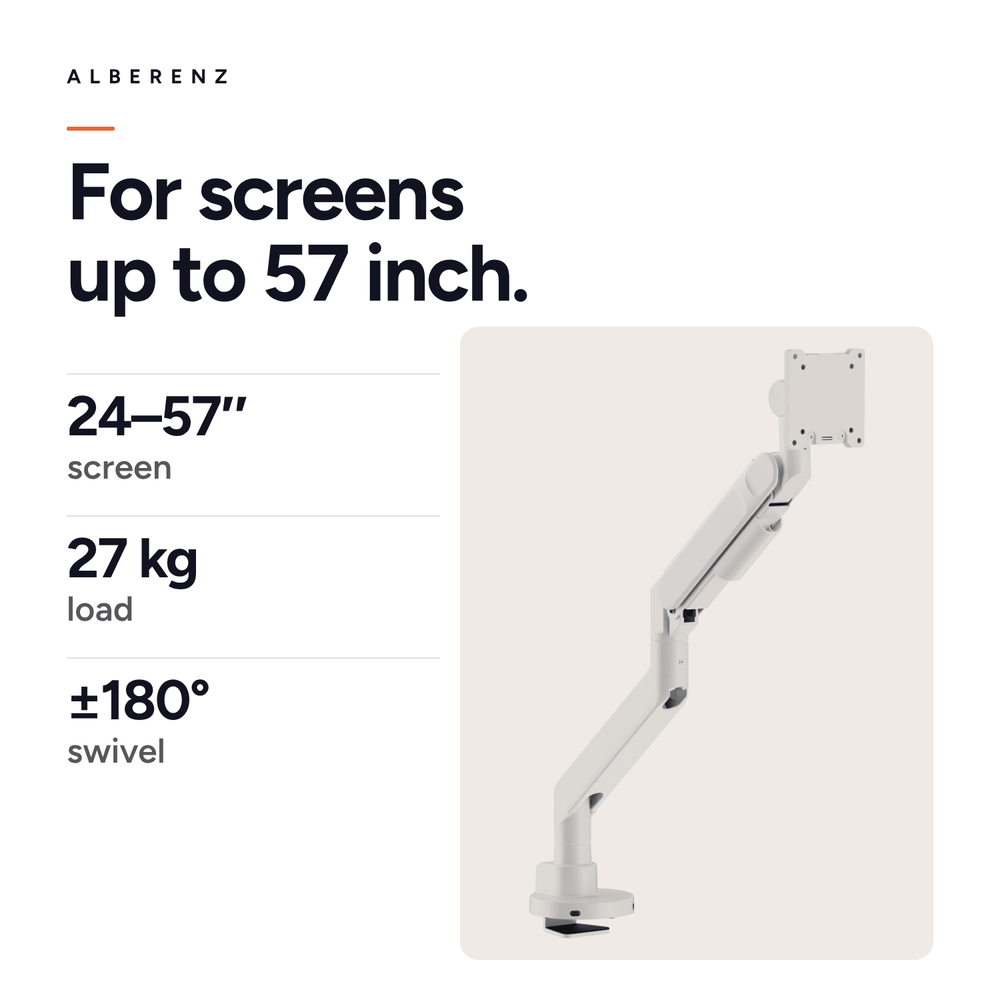 Alberenz® Support d'Écran à Vérin à Gaz Robuste Blanc (jusqu'à 57 pouces)