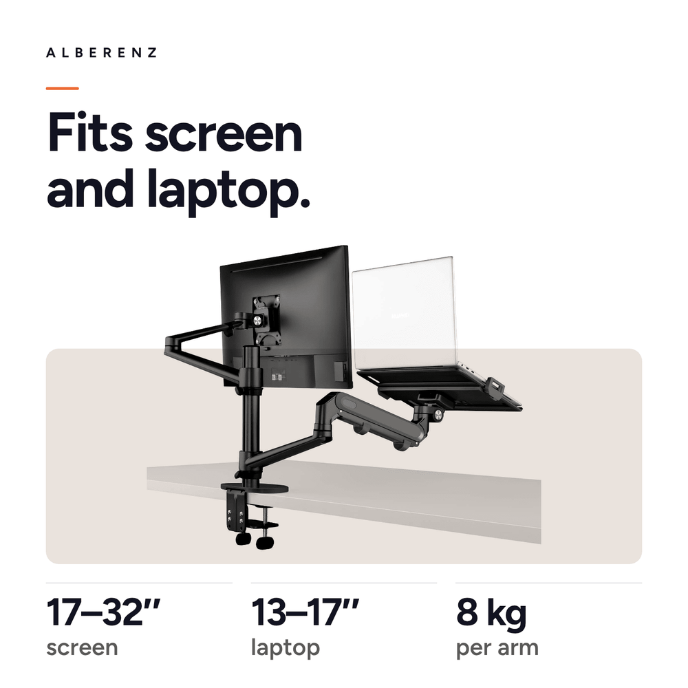 Bras pour moniteur d'ordinateur portable Alberenz® avec ressort à gaz noir