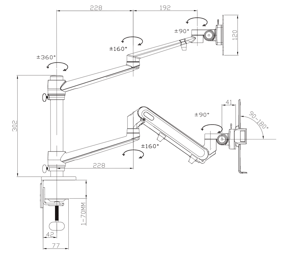 Bras pour moniteur d'ordinateur portable Alberenz® avec ressort à gaz argenté