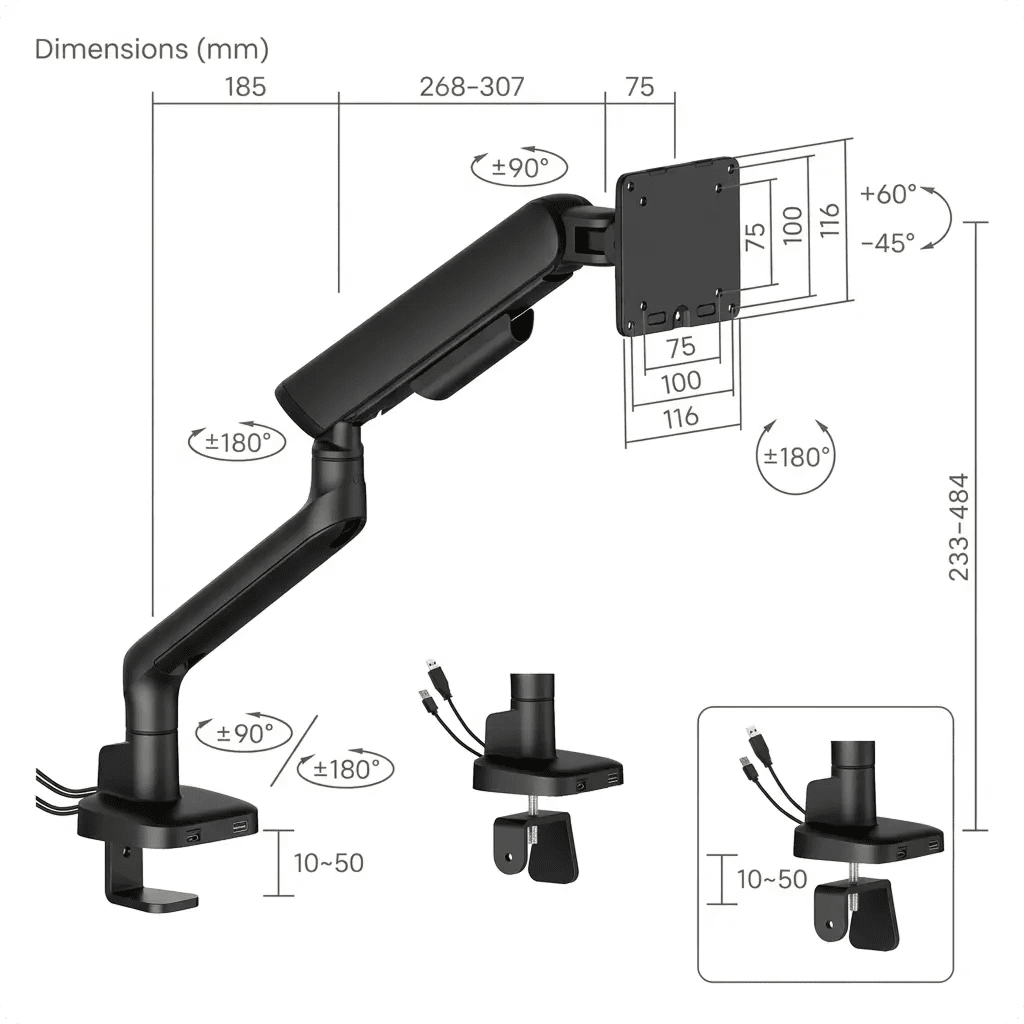 Alberenz single monitor arm gas spring - Up until 40 inch - with USB - Black - Alberenz - Monitor mount