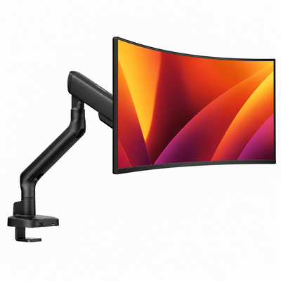 Alberenz single monitor arm with gas spring and USB, black: front view with curved monitor