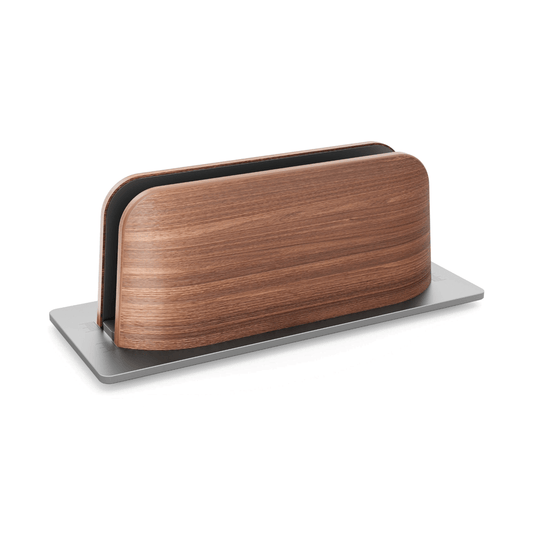 Alberenz vertical laptop stand in walnut: front view on white
