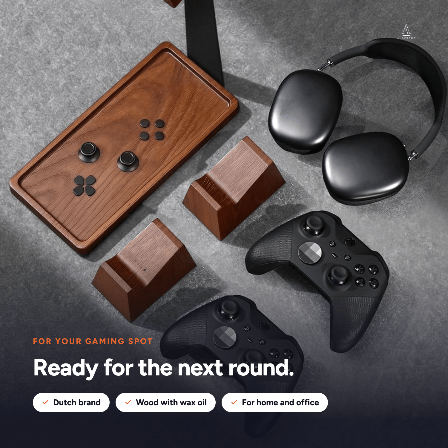 Headphone stand on a gaming desk setup, wood and matte black steel