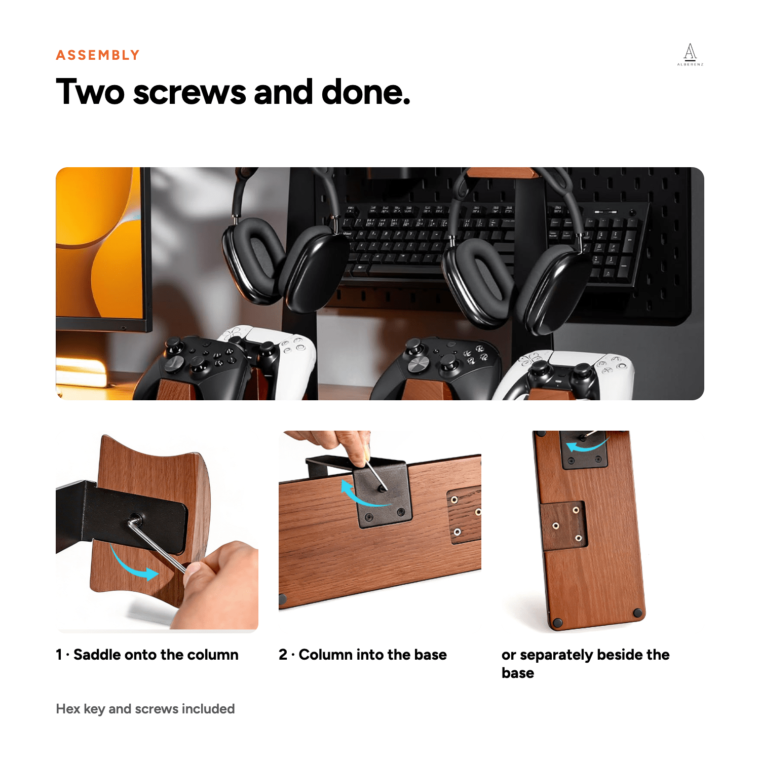 Assembly in two screws with the included hex key