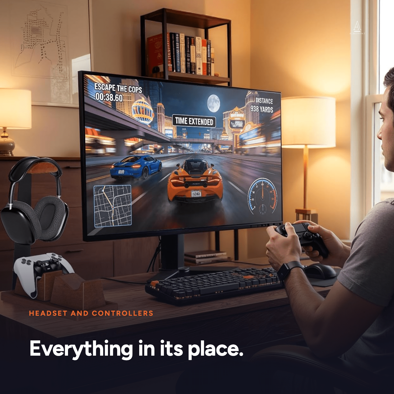 Headphone stand holding a gaming headset and two controllers on a desk
